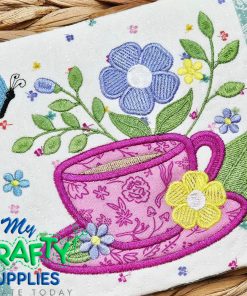 Floral Tea Cup Applique Embroidery Design