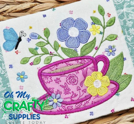 Floral Tea Cup Applique Embroidery Design