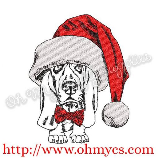 Sketch Basset Hound with Santa Hat Embroidery Design