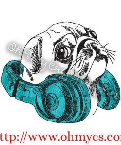 Sketch Pug with Head Phones Embroidery Design