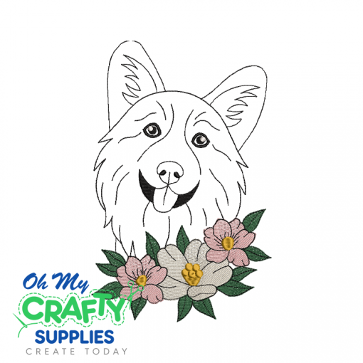 Corgi Dog with Flowers Embroidery Design