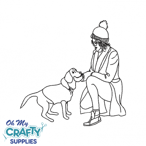 Girl Petting Dog Line Art Embroidery Design