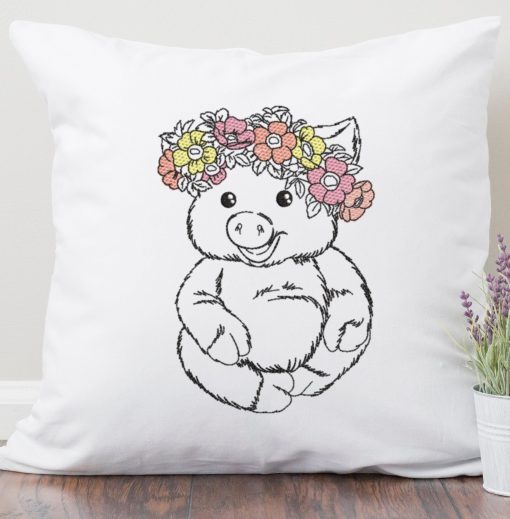 Baby Pig with Floral Crown Embroidery Design