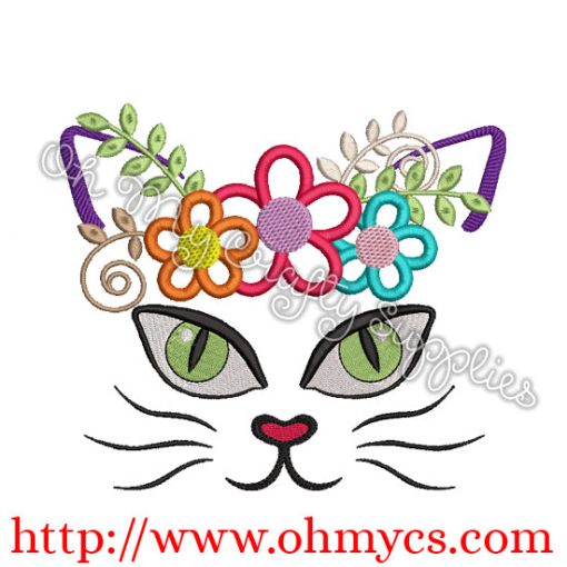 Kitty Cat Face with Flowers Applique