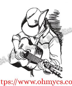 Guitar Western Cowboy Sketch Embroidery Design