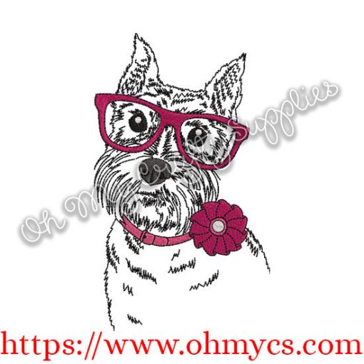 Drawing Dog with Glasses Embroidery Design