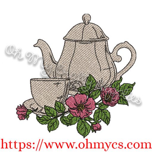 Floral Teapot and Cup Embroidery Design