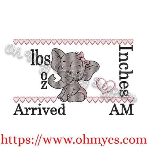 Baby Girl Elephant birth Announcement Embroidery Design