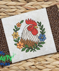 Floral Rooster Mug Rug Embroidery Design (REV)