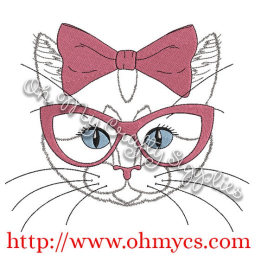 Sketch Cat with bow and glasses Embroidery Design