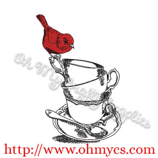 Sketch Tea Cups with Bird Embroidery Design