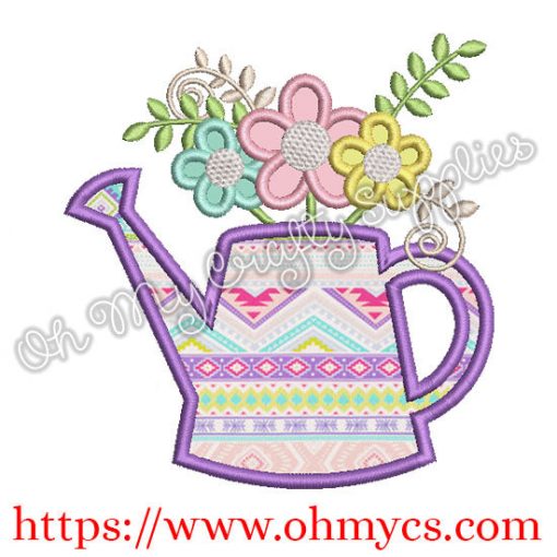 Spring Watering Can with Flowers Embroidery Design