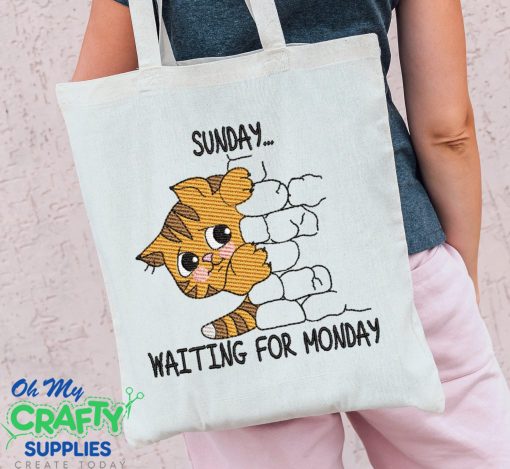 Sunday Waiting on Monday Sketch Cat Embroidery Design